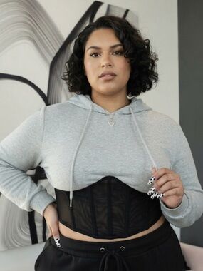 FN Gray Cropped Hoodie with Black Mesh Corset-2X